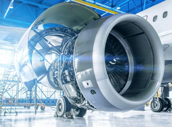 Geöffnetes Flugzeug-Triebwerk in einer Halle